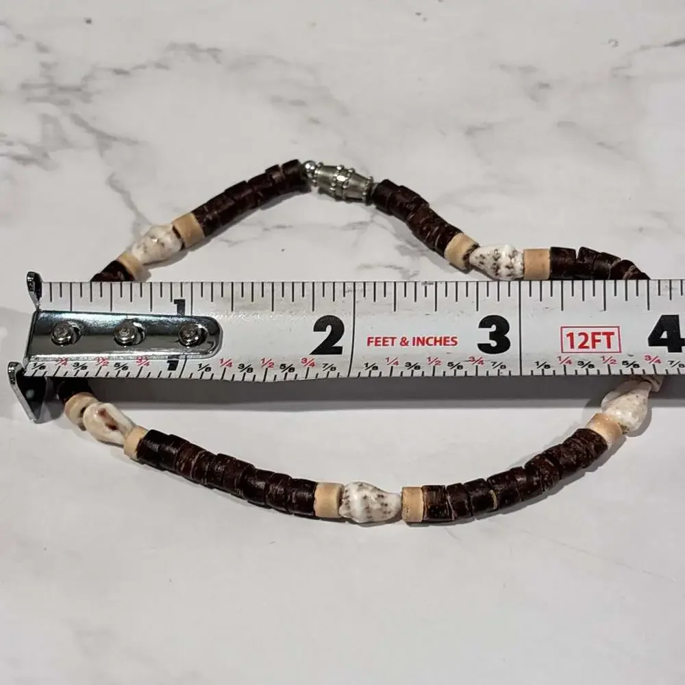 Unisex Surfer Style Brown Coconut Shell and Sea Shell Beaded Choker Necklace